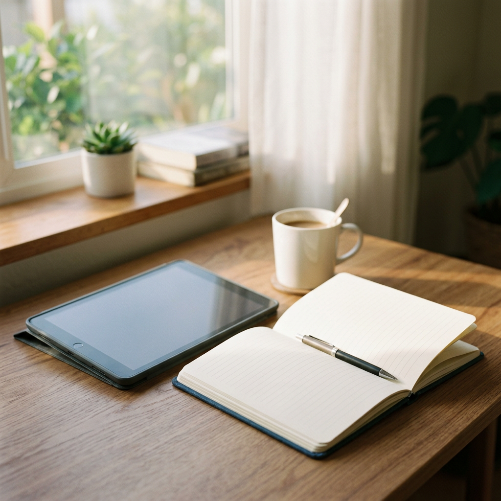 Sunlit desk with open notebook, tablet, coffee, and potted plant
