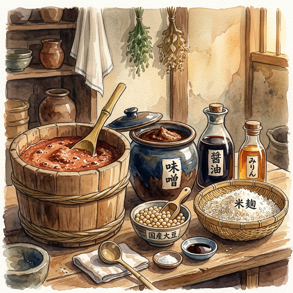 Watercolor scene labeled 味噌, 醤油, みりん, 米麹, and 国産大豆