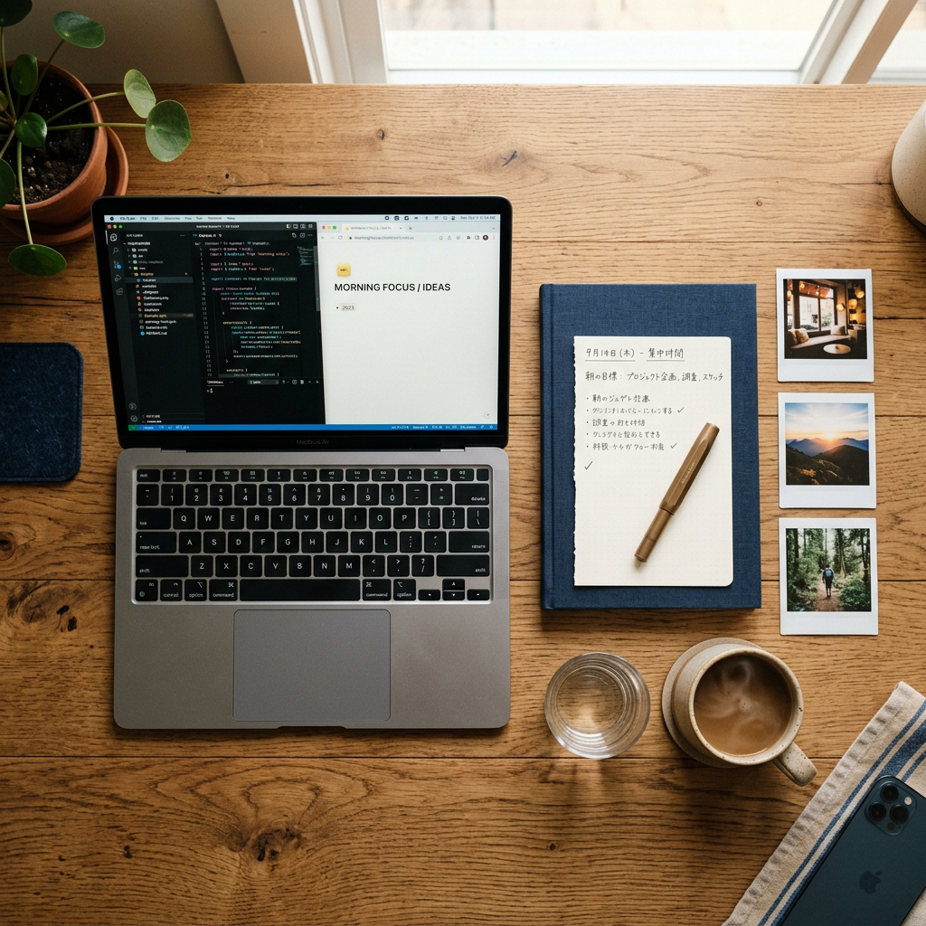 Desk with laptop displaying code and “MORNING FOCUS / IDEAS” page