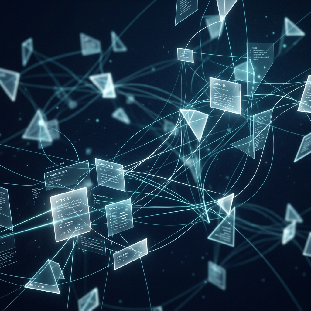 Abstract digital network connecting floating article and data panels