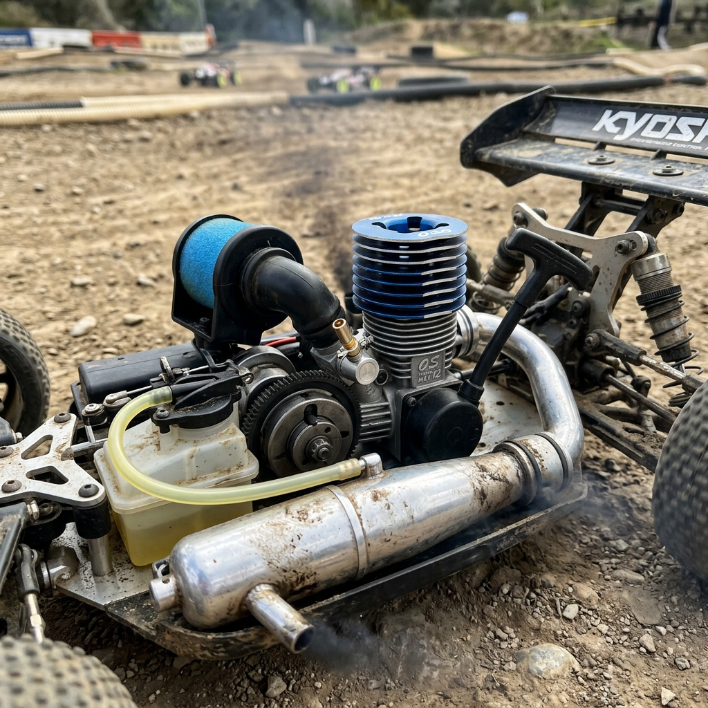 Nitro RC buggy engine with KYOSHO-branded rear wing on dirt track