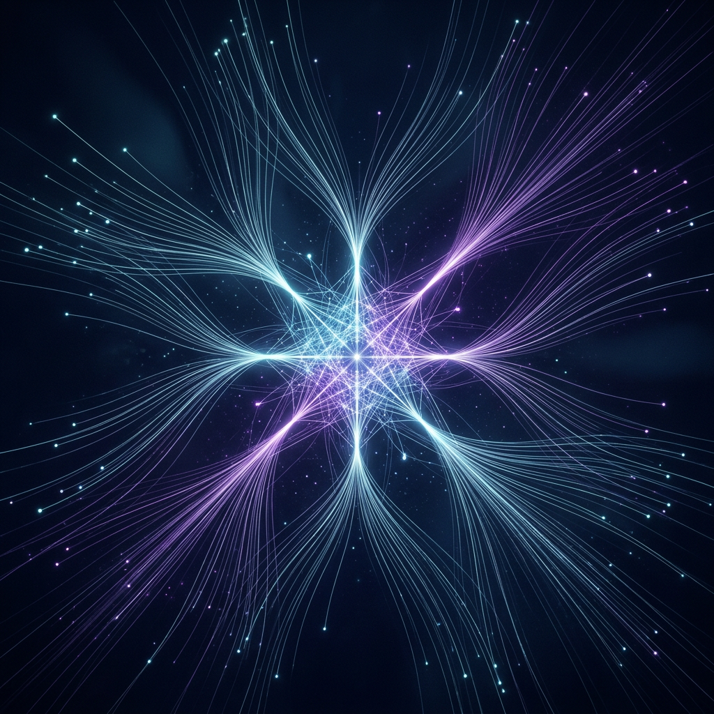 Cyan and violet light streams converging around a bright central point